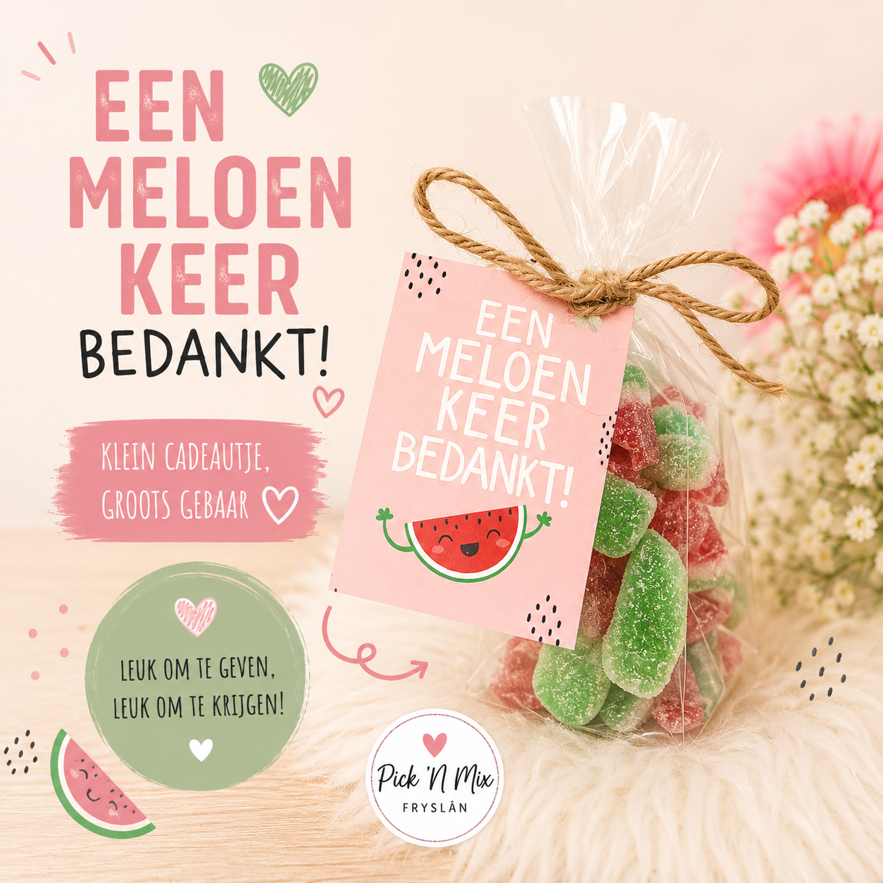 Cellofaanzakje met watermeloenschijfjes " een meloen keer bedankt! "