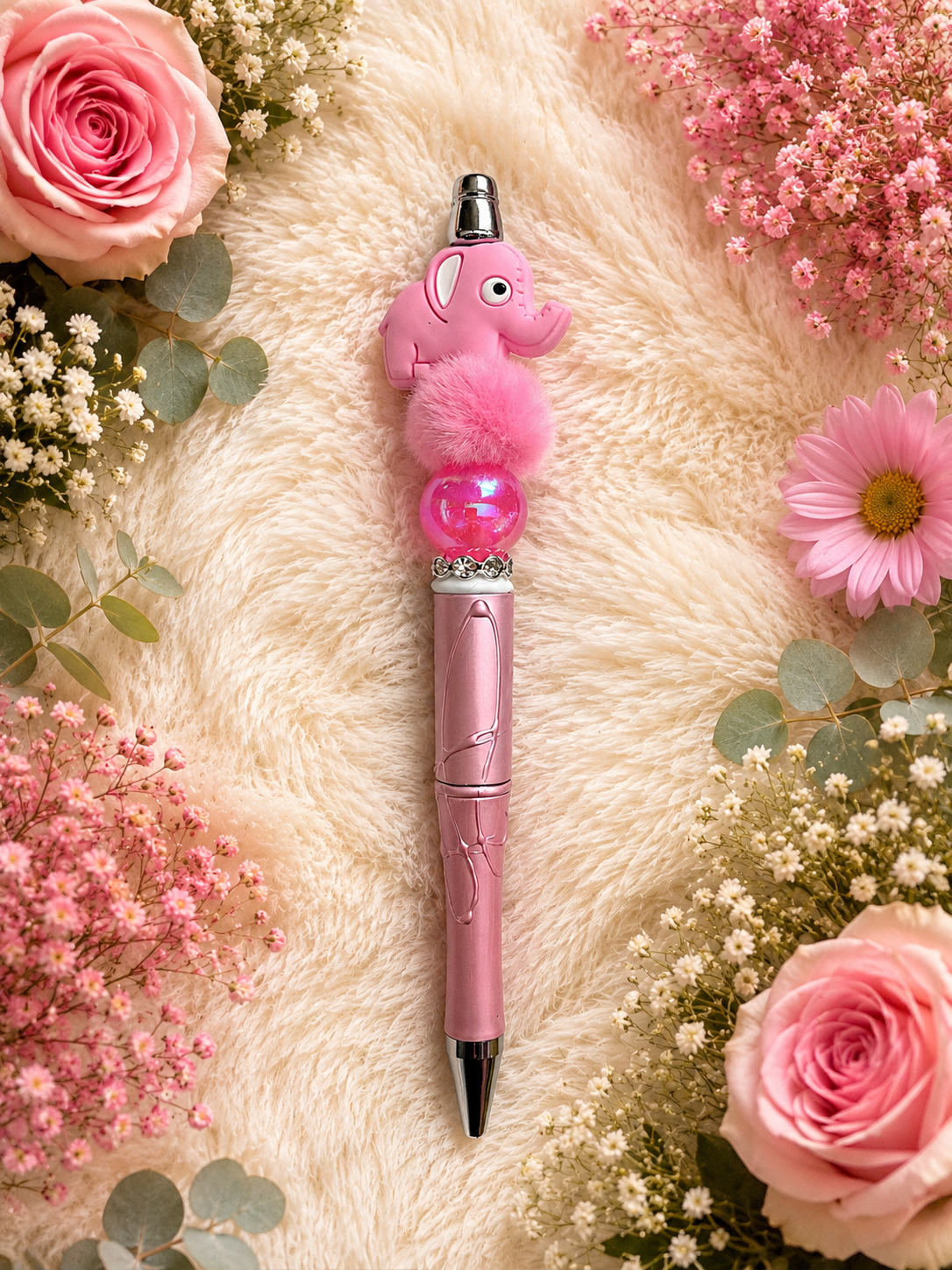 Kralen pen met roze olifantje