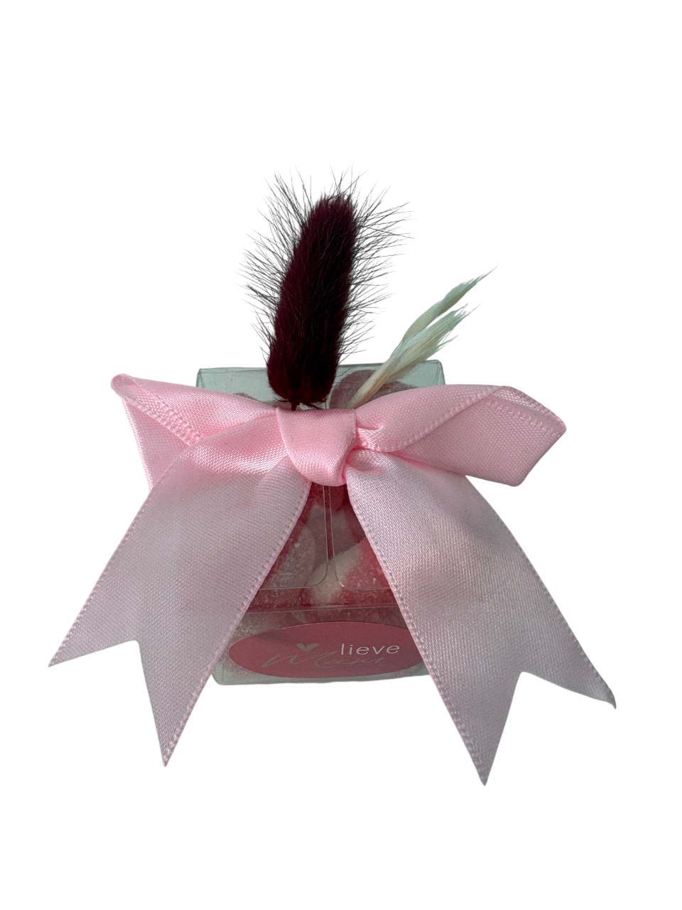 Moederdag kubus "Lieve Mam" (hardroze) met strik en droogbloemen