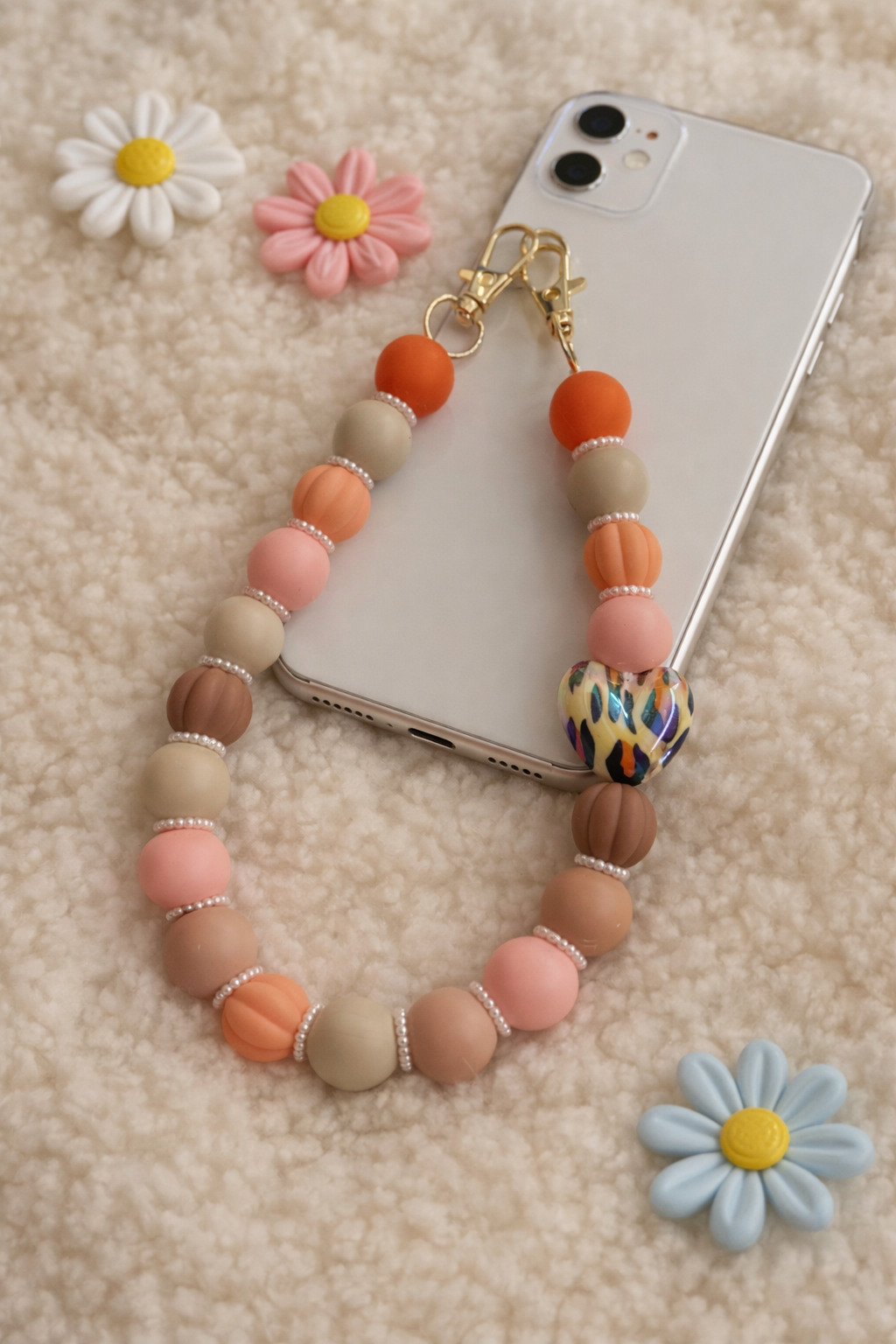 Telefoonkoord "oranje/roze/beige" met hart