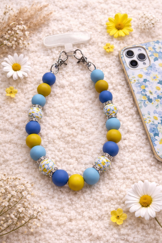 Telefoonketting (pols) blauw/bloemen