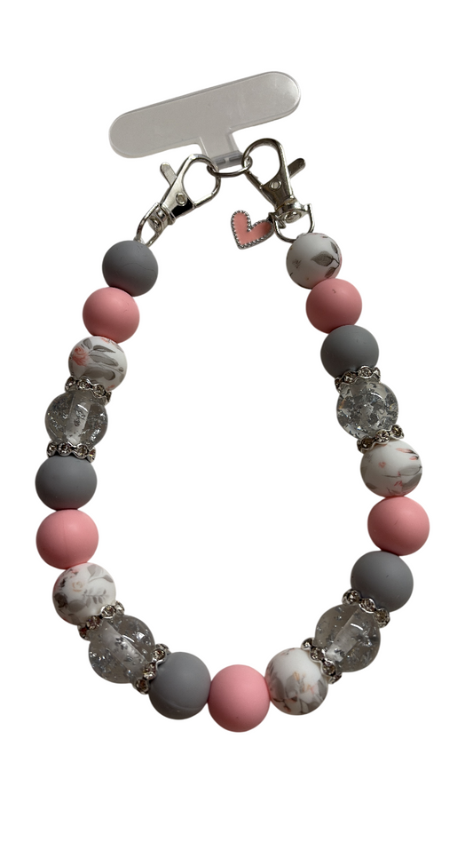 Telefoonketting (pols) roze/grijs met bedelhartje