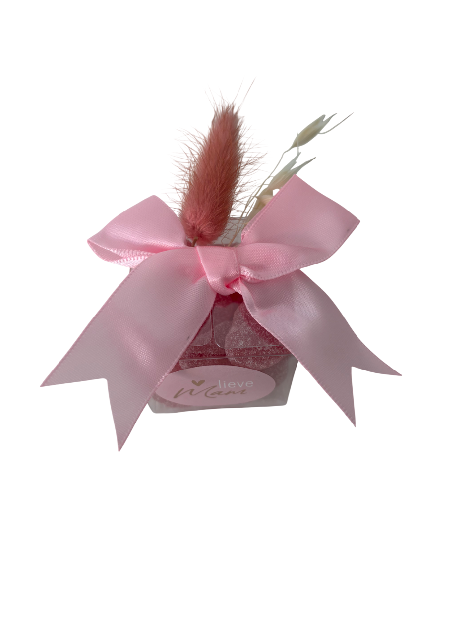 Moederdag kubus "Lieve Mam" (lichtroze) met strik en droogbloemen