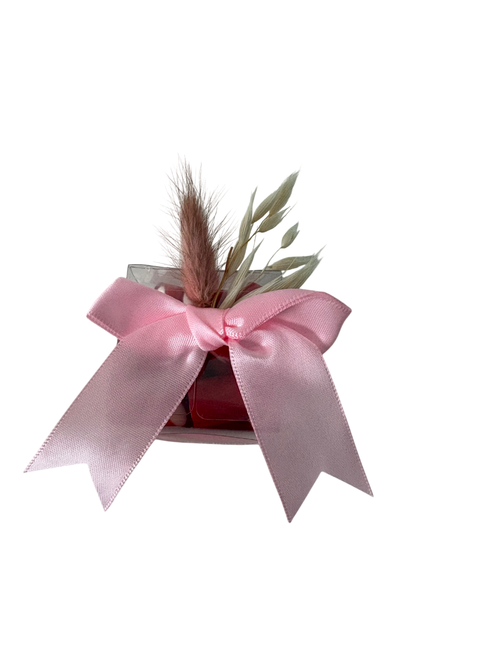 Moederdag kubus " Oma is de liefste " (hardroze) met strik en droogbloemen
