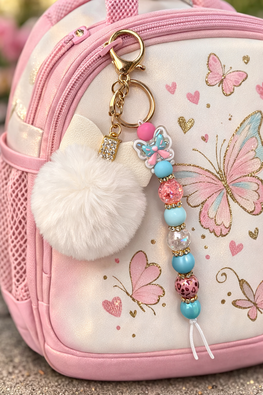 Sleutelhanger deluxe met strik pompom en vlinder