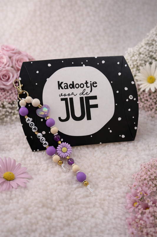 Sleutelhanger Top Juf (paars) incl doosje