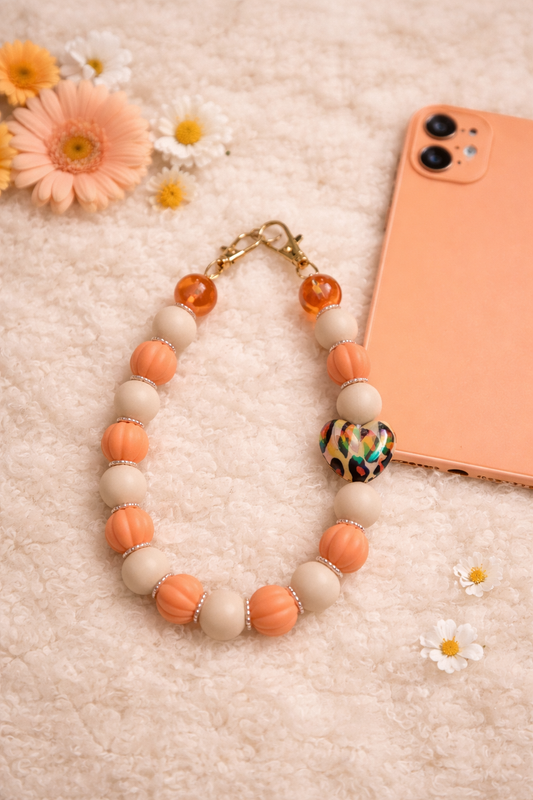 Telefoonkoord oranje/beige met hart