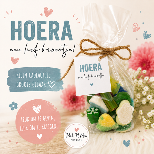 Cellofaanzakje traktatie "hoera een broertje"