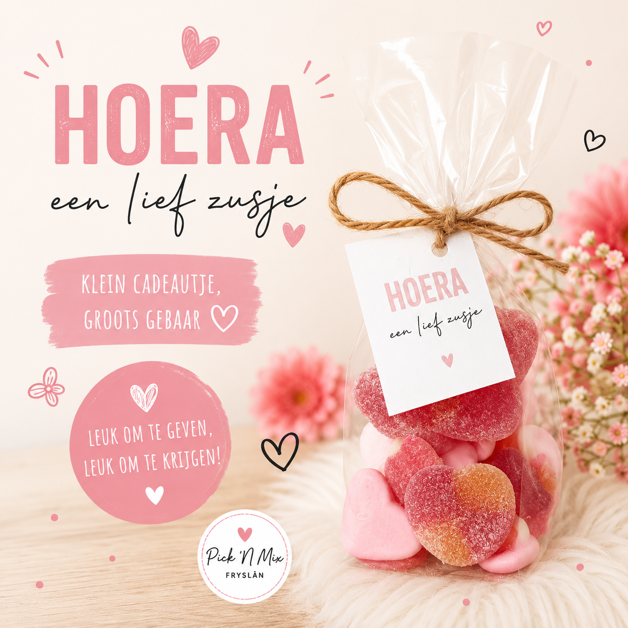 Cellofaanzakje traktatie "hoera een zusje"