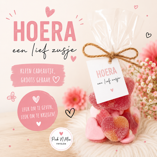 Cellofaanzakje traktatie "hoera een zusje"