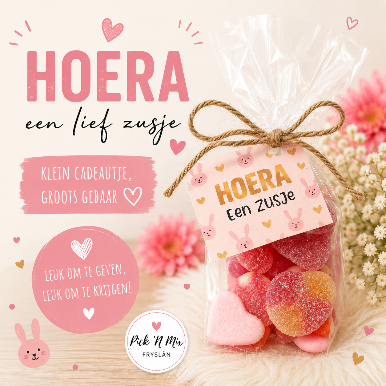 Cellofaanzakje traktatie bunny "hoera een zusje"