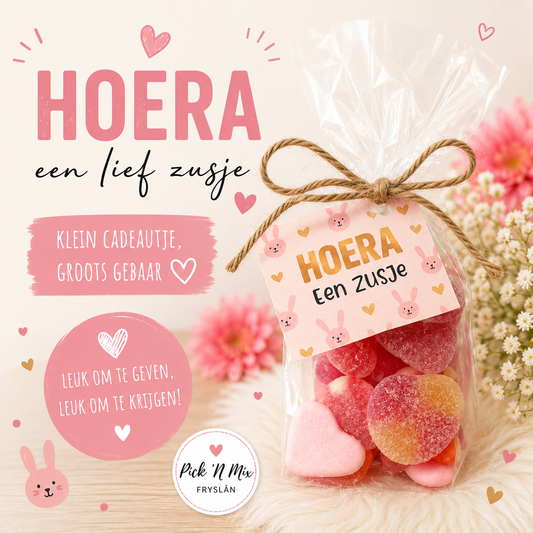 Cellofaanzakje traktatie bunny "hoera een zusje"