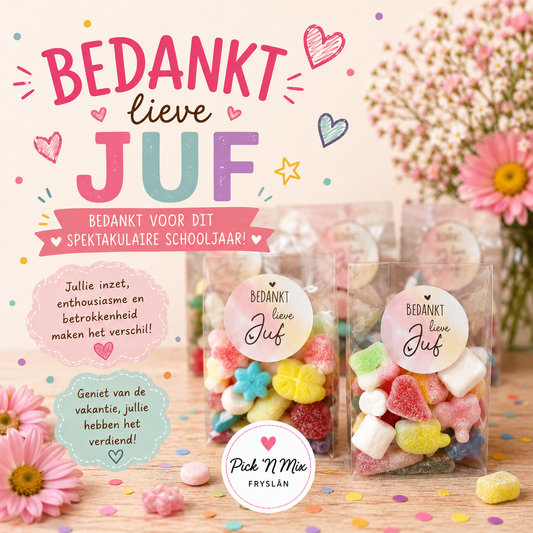 Cellofaan zakje met snoep en sticker 'juf of meester'