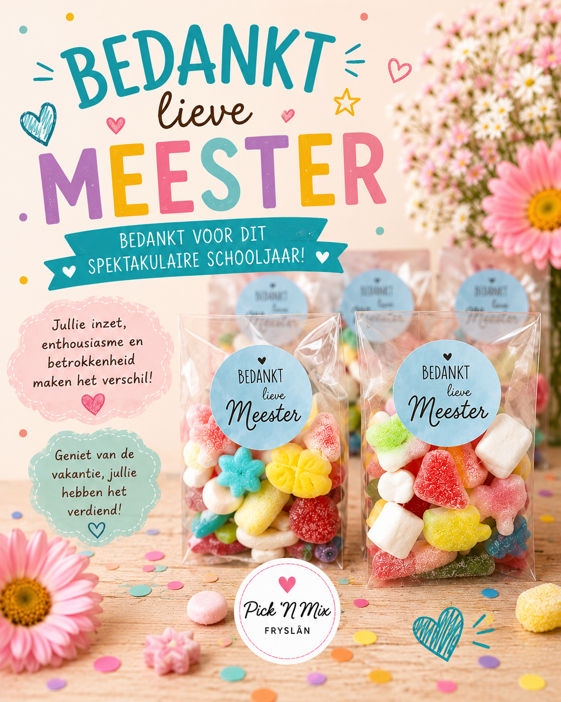 Cellofaan zakje met snoep en sticker 'juf of meester'
